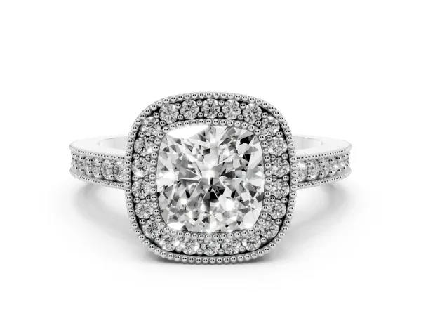 Cushion Cut-Cut Diamond Halo Engagement Ring with Pave Band and Prong Setting Platinum