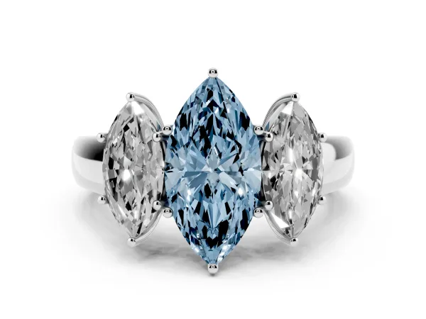 Fancy Blue Three-Stone Marquise Cut Cut Diamond Ring with Prong Setting and Classic Band Platinum
