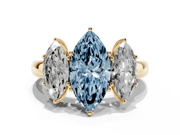 Fancy Blue Marquise Cut Diamond Three-Stone Ring with Four-Prong Setting and Classic Band Yellow gold