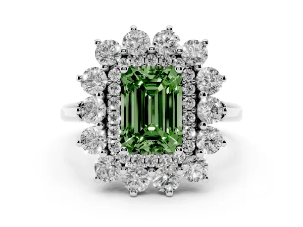 Fancy Green Emerald Cut Diamond Floral Double Halo Engagement Ring with Prong Setting White gold
