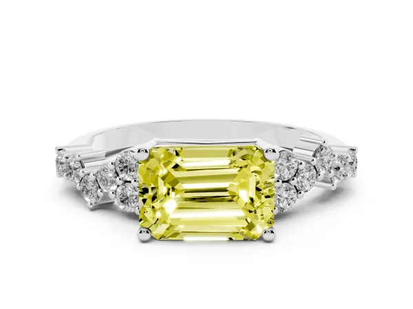 Fancy Yellow Emerald Cut Diamond Scattered Round Accent Ring with Prong Setting Platinum