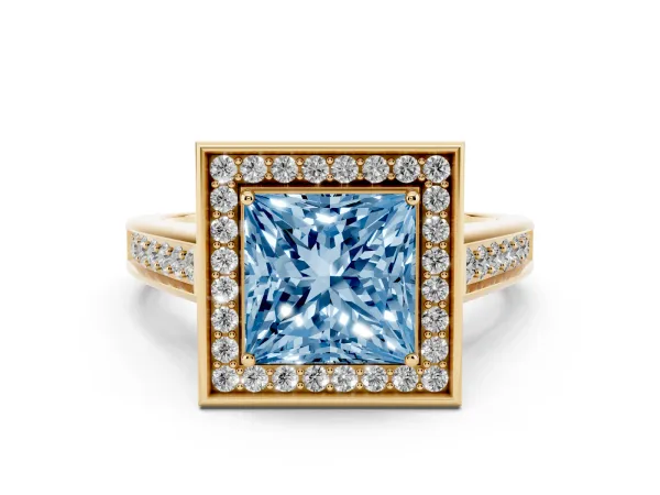 Fancy Blue Princess Cut Halo Solitaire Diamond Ring with Pave Band and Bezel Setting Yellow gold