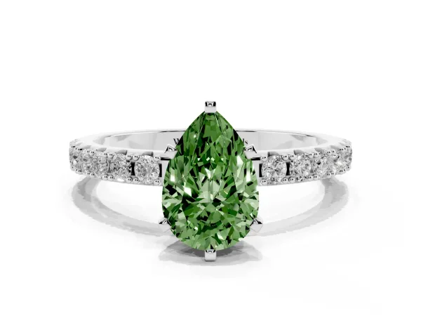 Fancy Green Pear Cut Diamond Solitaire Pavé Band with Four-Prong Setting White gold