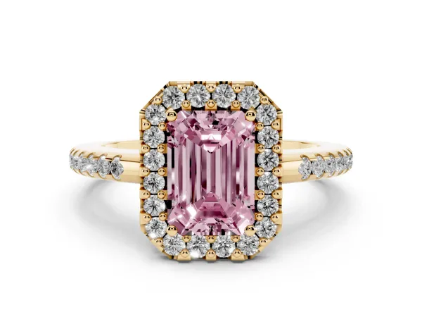 Fancy Pink Emerald Cut Diamond Pavé Halo Ring with Four-Prong Setting Yellow gold