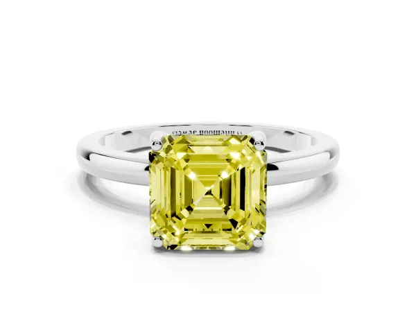 Fancy Yellow Asscher Cut Solitaire Diamond Ring with Prong Setting and Plain Band Platinum