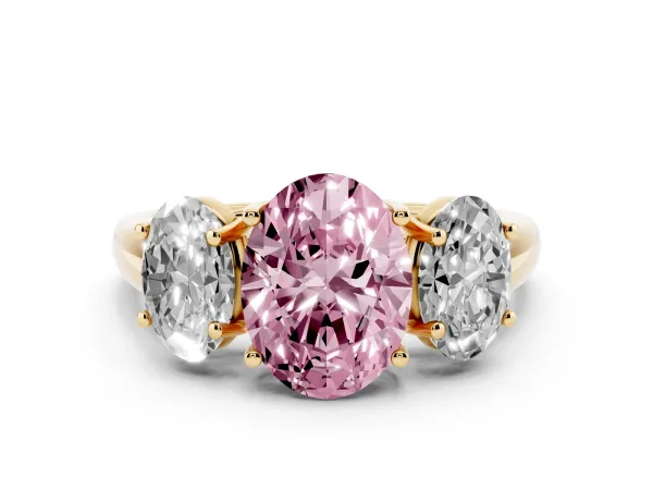 Fancy Pink Three-Stone Oval Cut Diamond Engagement Ring with Prong Setting Yellow gold