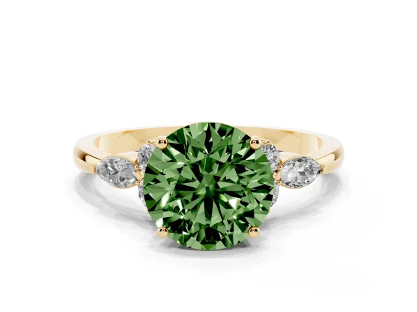 Fancy Green Round Cut Brilliant Diamond Solitaire Ring with Pear Side Stones and Four-Prong Setting Yellow gold