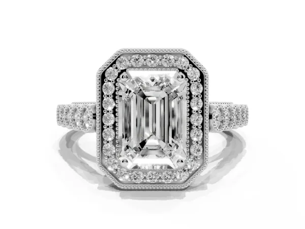 Emerald Cut Halo Milgrain Solitaire with Bezel Set Side Stones and Pave Band White gold