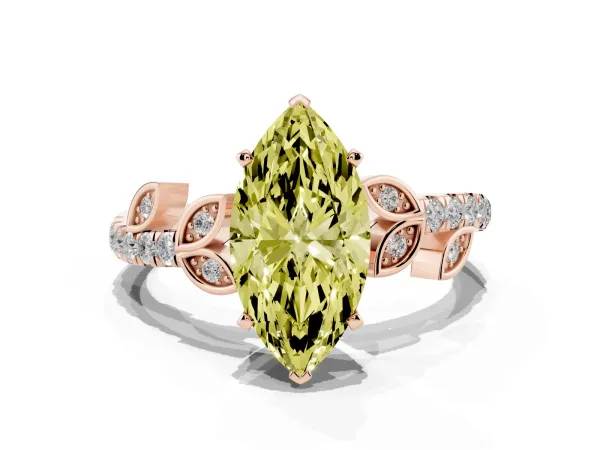 Fancy Yellow Marquise Cut Solitaire Leaf-Inspired Diamond Ring with Pavé Band and Four-Prong Setting Rose gold