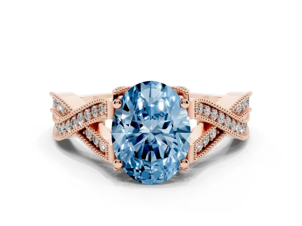 Fancy Blue Oval Cut Cut Diamond Twisted Band with Milgrain Pave Setting and Four-Prong Setting Rose gold