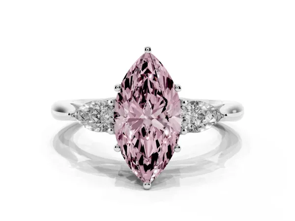 Fancy Pink Three-Stone Marquise Cut Brilliant Diamond Solitaire Ring with Tapered Band and Four-Prong Setting White gold