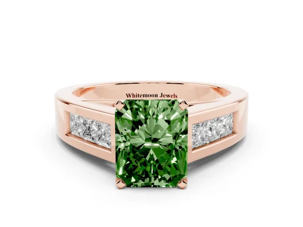Fancy Green Radiant Cut Cut Channel Set Solitaire Ring with Four-Prong Setting Rose gold