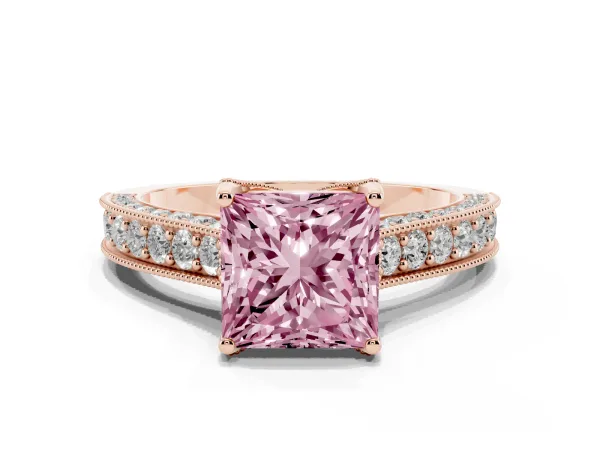 Fancy Pink Princess Cut Cut Diamond Solitaire Ring with Milgrain Pave Band and Four Prong Setting Rose gold