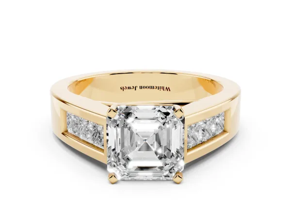 Asscher Cut Cut Channel Set Solitaire Ring with Four-Prong Setting Yellow gold