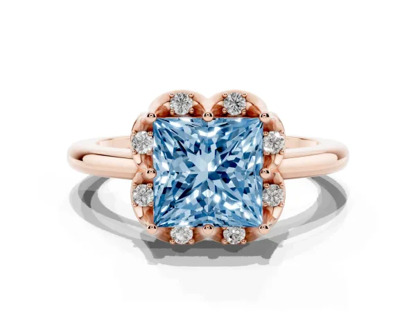 Fancy Blue Princess Cut Halo Diamond Ring with Round Cluster Setting, Solitaire Band, and Four-Prong Setting Rose gold