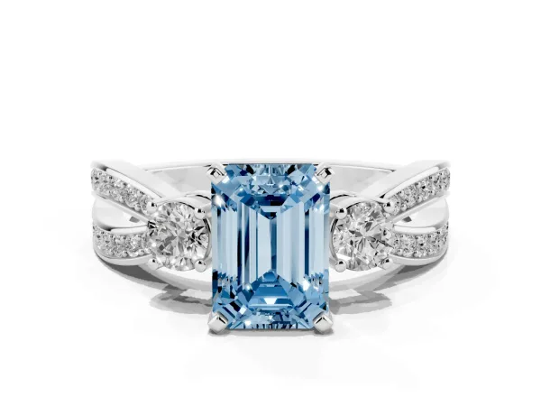 Fancy Blue Three-Stone Emerald Cut Cut Diamond Twist Band with Prong Setting Platinum