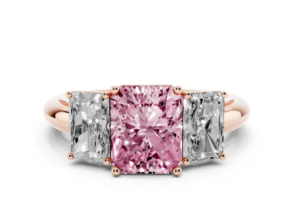 Fancy Pink Three-Stone Radiant Cut Cut Diamond Engagement Ring with Prong Setting on a White Gold Band Rose gold