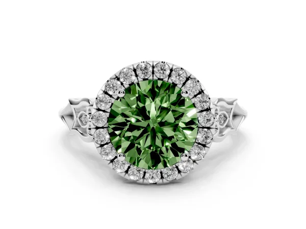 Fancy Green Round Cut Halo Diamond Engagement Ring with Filigree Band and Four-Prong Setting Platinum