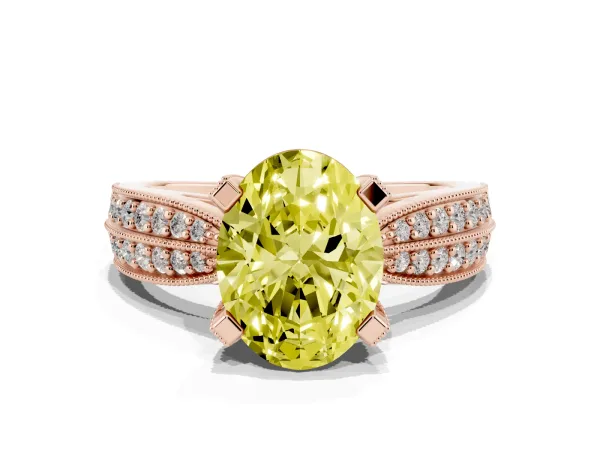Fancy Yellow Oval Cut Diamond Solitaire Ring with Milgrain Round Pavé Band and Prong Setting Rose gold