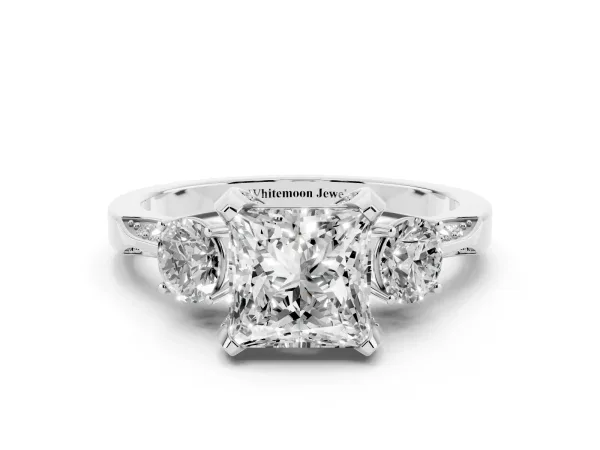 Princess Cut Brilliant Three-Stone Diamond Ring with Pavé Band and Four-Prong Setting White gold