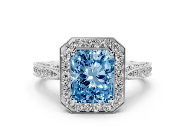 Fancy Blue Radiant Cut Halo Diamond Engagement Ring with Split Shank Band and Four-Prong Setting Platinum