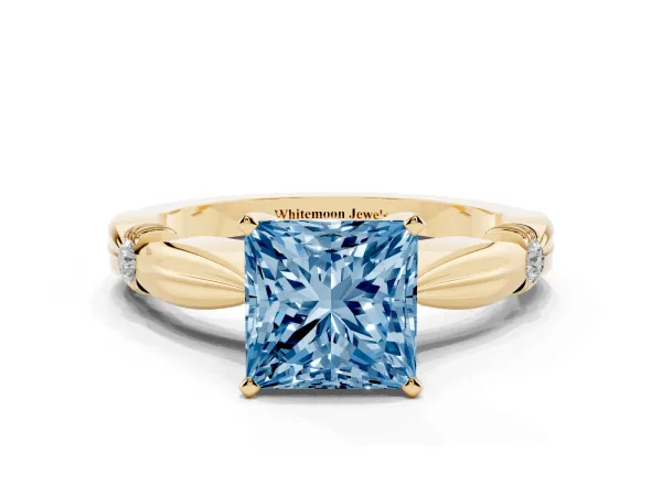 Fancy Blue Princess Cut Solitaire Diamond Twisted Band with Four-Prong Setting Yellow gold
