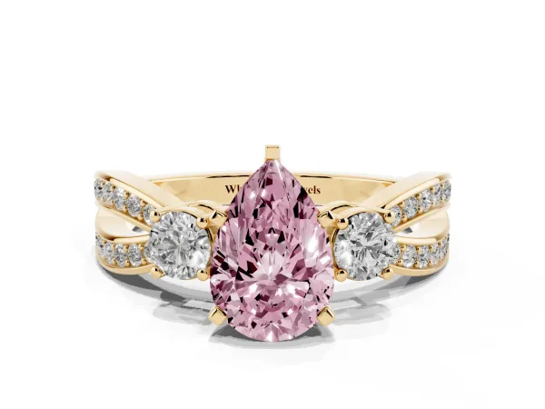 Fancy Pink Three-Stone Pear Cut Cut Diamond Twist Band with Prong Setting Yellow gold