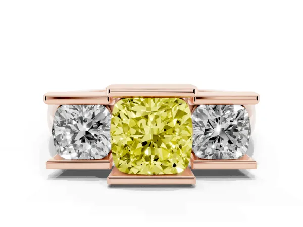 Fancy Yellow Three Stone Cushion Cut Cut Channel Set Diamond Ring Rose gold