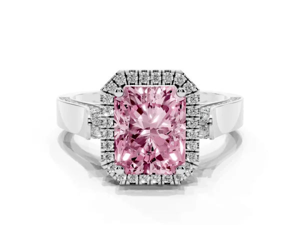 Fancy Pink Radiant Cut Halo Round Diamond Twist Band with Four-Prong Setting Platinum