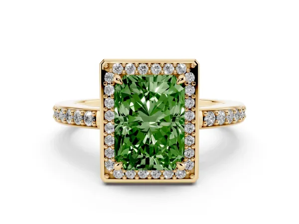 Fancy Green Radiant Cut Halo Pave Band Solitaire Ring with Prong Setting Yellow gold