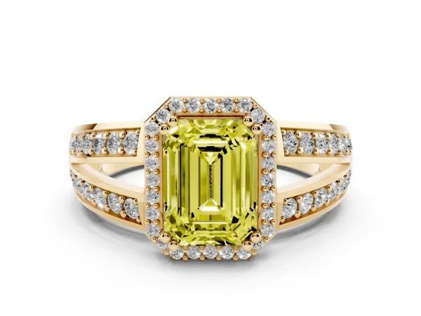 Fancy Yellow Emerald Cut Diamond Halo Ring with Split Shank Pavé Band and Four-Prong Setting Yellow gold