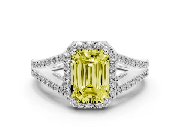 Fancy Yellow Emerald Cut Halo Split Shank Diamond Ring with Prong Setting Platinum