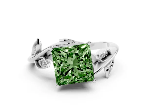 Fancy Green Princess Cut Solitaire Twist Engagement Ring with Leaf Accents and Prong Setting White gold