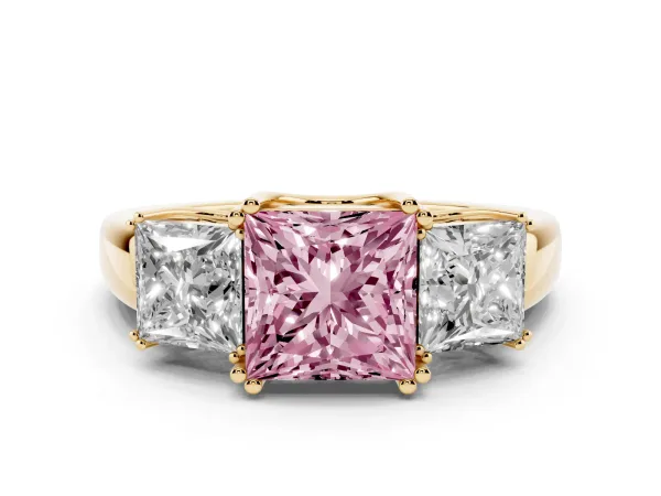 Fancy Pink Three-Stone Princess Cut Cut Diamond Ring with Channel Set Band and Four-Prong Setting Yellow gold