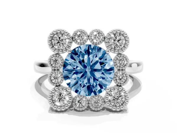Fancy Blue Round Cut Halo Diamond Cluster Engagement Ring with Milgrain Bezel Setting and Solitaire Band Platinum