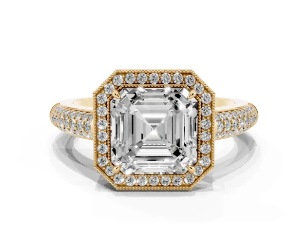 Asscher Cut Cut Halo Diamond Pave Band with Four-Prong Setting Yellow gold