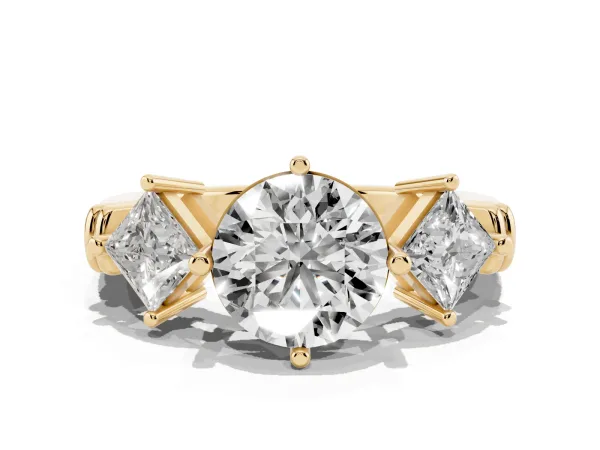 Three-Stone Round Cut and Princess Cut Diamond Ring with Channel Band and Four-Prong Setting Yellow gold