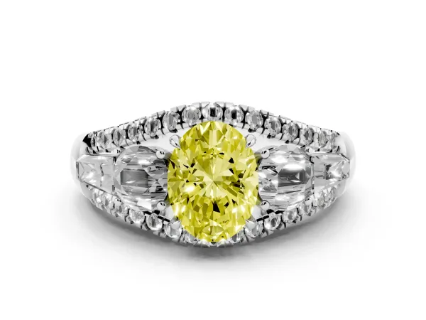 Fancy Yellow Three-Stone Oval Cut Diamond Engagement Ring with Pave Band and Prong Setting Platinum