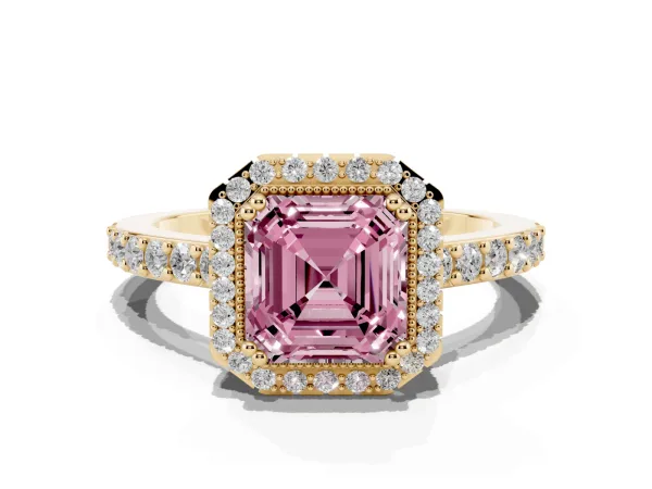 Fancy Pink Asscher Cut Cut Diamond Halo Engagement Ring with Milgrain Detail and Pavé Band Yellow gold