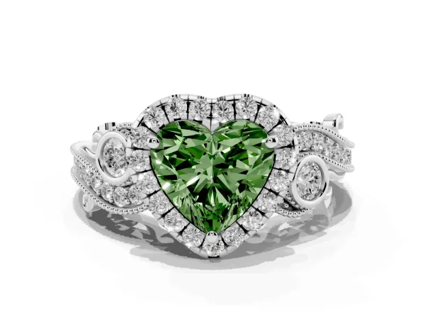 Fancy Green Heart Cut Halo Diamond Ring with Milgrain and Bezel Accents on a Split Shank Band Platinum