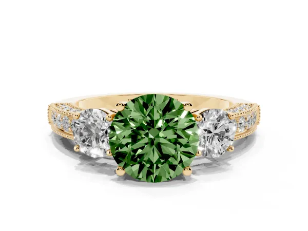 Fancy Green Round Cut Three-Stone Diamond Ring with Pavé Band and Four-Prong Setting Yellow gold
