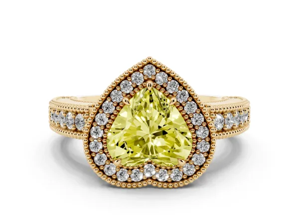 Fancy Yellow Heart Cut Cut Halo Diamond Ring with Pavé Band and Four-Prong Setting Yellow gold