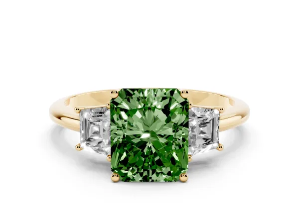 Fancy Green Radiant Cut Diamond Three-Stone Ring with Trapezoid Side Stones and Prong Setting Yellow gold