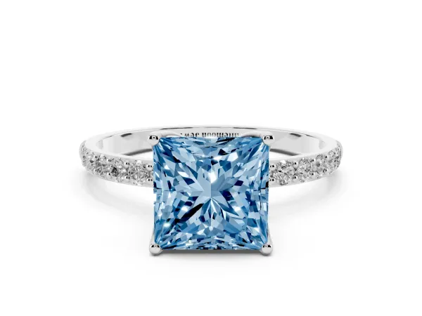 Fancy Blue Princess Cut Diamond Solitaire Engagement Ring with Round Pavé Band and Prong Setting Platinum