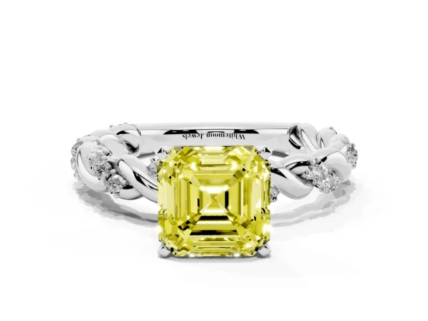 Fancy Yellow Asscher Cut Diamond Solitaire Ring with Twisted Band and Pavé Accents White gold