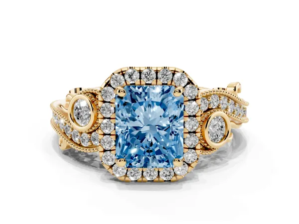 Fancy Blue Radiant Cut Diamond Halo Ring with Milgrain Pavé Band and Four-Prong Setting Yellow gold