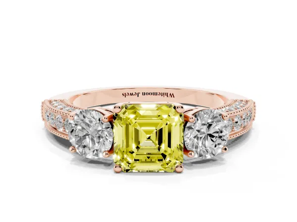 Fancy Yellow Asscher Cut Three-Stone Diamond Ring with Pavé Band and Four-Prong Setting Rose gold