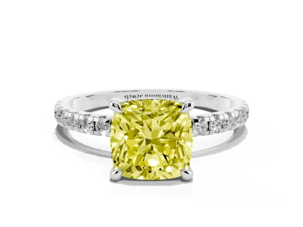 Fancy Yellow Cushion Cut Diamond Brilliant Solitaire Ring with Pavé Band and Four-Prong Setting Platinum
