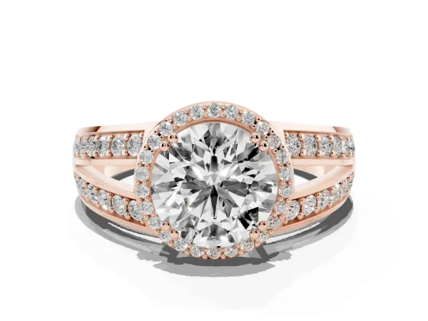 Round Cut Diamond Halo Ring with Split Shank Pavé Band and Four-Prong Setting Rose gold