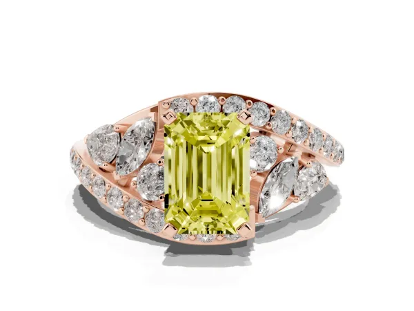 Fancy Yellow Emerald Cut Diamond Halo Ring with Marquise and Pavé Band in Prong Setting Rose gold